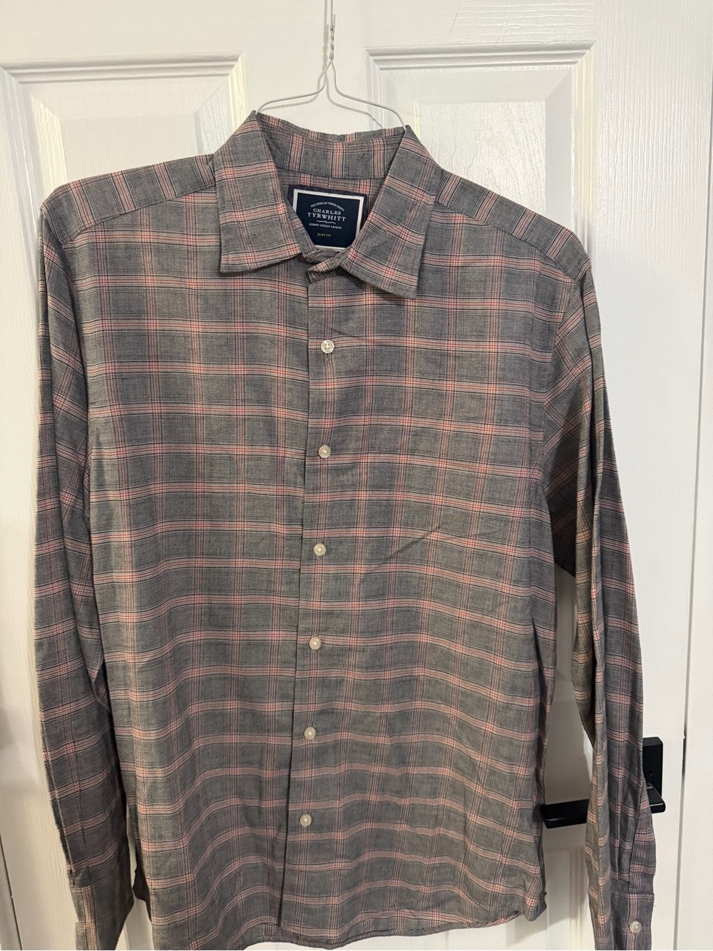 Charles Tyrwhitt Gray and Pink Plaid Long-Sleeve Button-Down Shirt